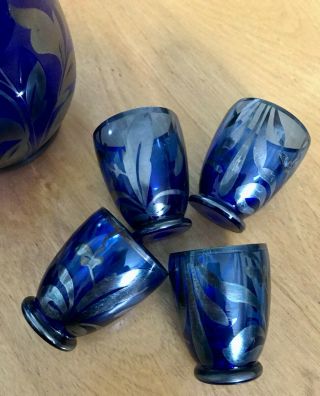 Antique COBALT BLUE GLASS w SILVER OVERLAY DECANTER & 4 Cordial Set Vntg Barware 3
