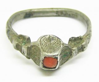 16th century Renaissance Tudor period silver & coral set finger ring size 10 2