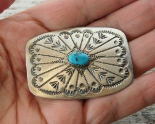 Vintage Old Pawn Navajo Hand Stamped Sterling Silver Turquoise Large Brooch Pin