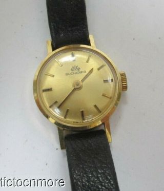 Vintage 18k Gold Bucherer 17j Wrist Watch Ladies Round Golden Dial
