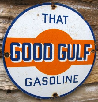 Gulf Gasoline Vintage Porcelain Enamel Gas Pump Oil Service Station Garage Sign