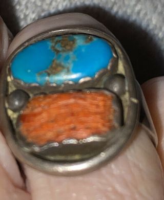Vintage Native Sterling Silver W/ Turquoise & Coral Ornate Ring