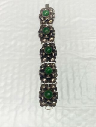 Vintage Mexico Sterling Silver Green Stone Flower Link Bracelet