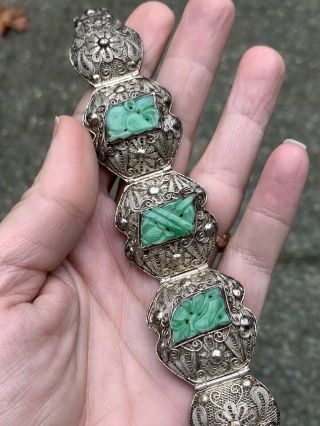 Antique Chinese Export Silver & Carved Jadeite Jade Filigree China Bracelet