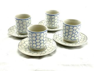 Ikea Present 4 Cups W/ Saucers Saki Green Tea Blue Circles 17335 Vintage