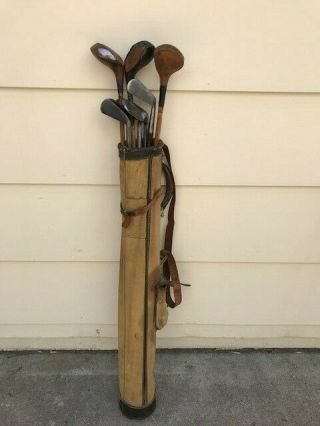 Antique Hickory Wood Shaft Golf Clubs And Vintage Stovepipe Leather/canvas Bagg