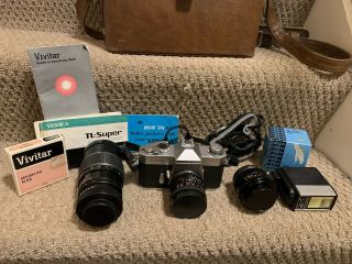 Vintage Yashica Tl - 35mm Slr Film Camera With Lenses,  Flash,  Case