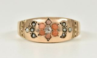 Antique Victorian 9ct Rose Gold Diamond Coral & Seed Pearl Gypsy Ring,  B 