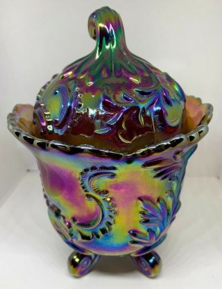 Vintage Imperial Glass Iridescent Carnival Glass Covered Candy Dish With Mark