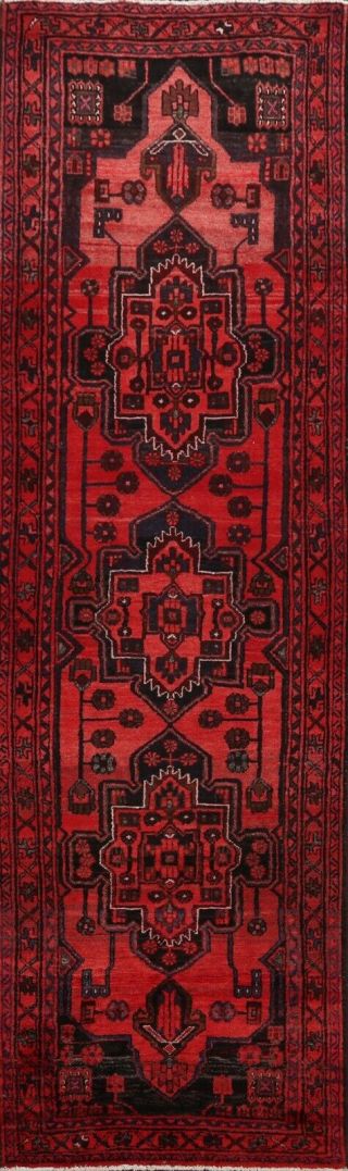 Vintage Geometric Traditional Hand - Knotted Runner Rug Oriental Wool Carpet 3x10