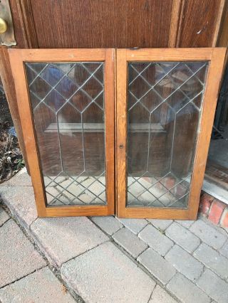 Sg 3247 Pair Antique Oak Leaded Glass Cabinet Doors 34 1/8 W By 34.  75h