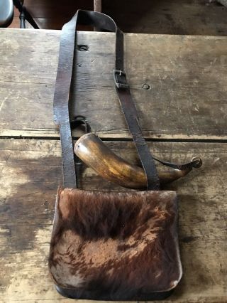 19th C Hide Leather Hunting Possibles Bag Powder Horn Frontier Cabin Patina Aafa