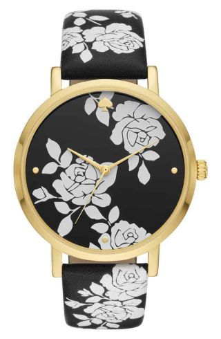 Kate Spade Metro Black Floral Leather Watch 38mm 3 Hand Quartz Gold - Tone Nib