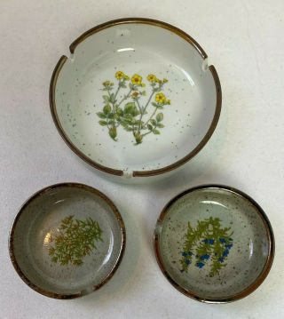 3 Vintage Tan Brown Speckled Stoneware Flowers Ash Trays Japan Euc 20c