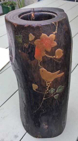Vintage Japan Natural Wood Tree Trunk 2 Level Brush Pot Vase Inlaid Flower Bird