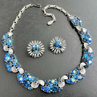 Signed Lisner Vtg Sapphire Blue Ab Crystal Rhinestone Necklace Earrings Set 618