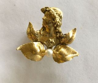 Antique Art Nouveau 14k Pin/holder With Ladies Head & Pearl