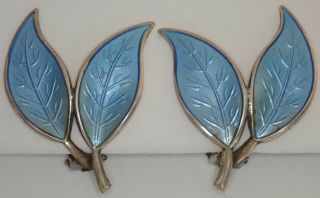 Vintage David Andersen Norway Sterling Silver Blue Enamel Leaf Earrings