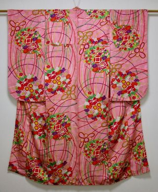 Japanese Kimono Silk Antique Middle Sleeve Komon / Flower Kusudama / Vintage