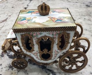 Antique Austrian Ornate Brass Porcelain Enamel Carriage W/handpainting Mini 104