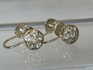 Antique Victorian 14k White Gold Diamond Cluster Screw Back Non - Pierced Earrings