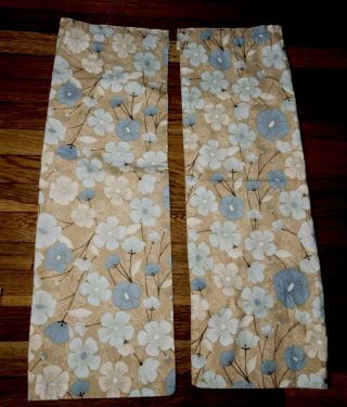 1 Pair Brown W/ Blue Flowers Curtains 30” Long; Each Panel 19” Wide Home Made