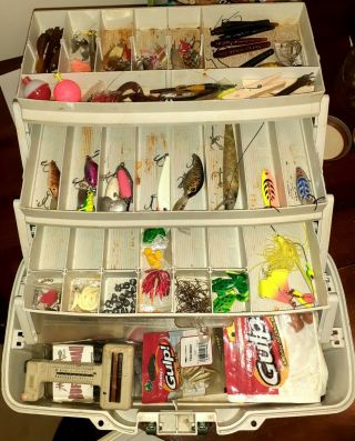 Full Loaded Fishing Tackle Box,  Lures,  Line,  Hooks,  Vintage Scale,  Pliers Etc.