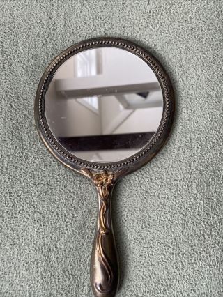 Vintage Antique 9.  5” Vanity Hand Beveled Mirror With Ornate Handle