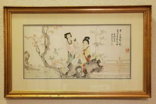 Pair (2) Of Large Antique Chinese Watetcolor Paintings Women On Silk Signed 32×20