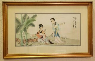 Pair (2) of Large Antique Chinese Watetcolor Paintings Women on Silk Signed 32×20 2