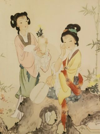Pair (2) of Large Antique Chinese Watetcolor Paintings Women on Silk Signed 32×20 3
