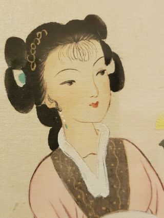 Pair (2) of Large Antique Chinese Watetcolor Paintings Women on Silk Signed 32×20 5