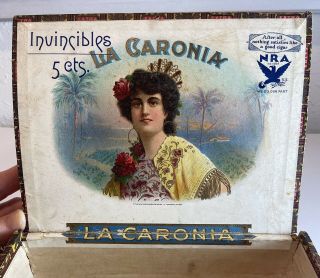 Vintage Wood Cigar Box La Caronia Invincible With Stamps Wisconsin 8 1/2” X 6”