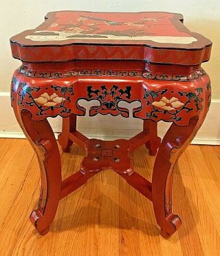 Vintage Chinoiserie Red Lacquered Hand Painted Table W/ Inset Cloisonné Top
