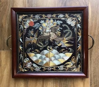 Antique Chinese Court Rank Badge Silk Embroidery Framed Wood Tray Brass Handles