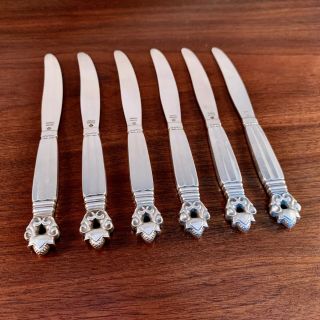 (6) Early Georg Jensen Denmark All Sterling Silver Pastry Knives - Acorn / Konge