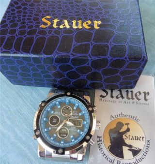 Stauer Mens Blue Stone Chronograph Watch Stainless Steel 33207,  Mib