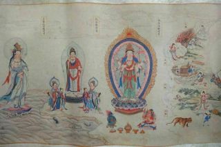 Very Long Old Chinese Scroll Painting " Fajieyuanliu " Buddhas " Dingguanpeng " Mark
