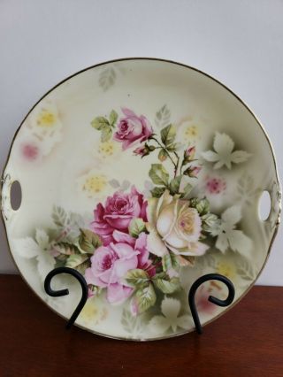Vintage Handled Cake Plate Weimar Germany Porcelain Pink / White Roses 9 1/2 "