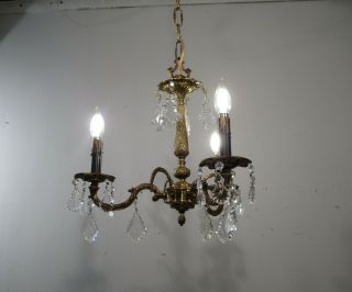 Antique Vintage Bronze Chandelier 3 Light Petite Crystals Fixture Lamp