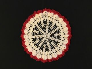 Vintage Crochet Doily Red And Ivory With Scalloped Edge - Round 10”