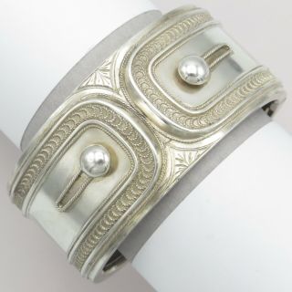 Antique Victorian Sterling Silver 1.  25” Wide Button Cuff Bangle Bracelet