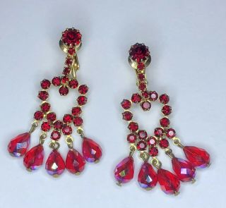 Vintage Gold Tone Red Aurora Borealis Bead & Rhinestone Dangle Clip Earrings