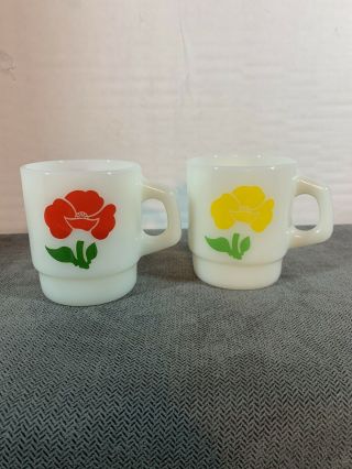 Vintage Set Of 2 Fire King Milk Glass Yellow Red Poppy/foxy Flowers Coffee Mugs