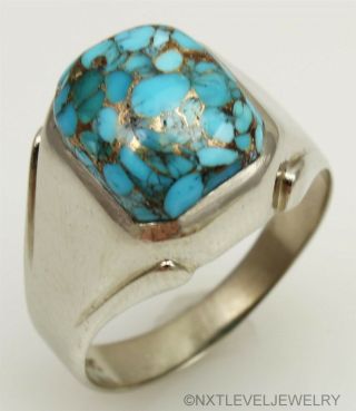 Antique 1920 ' s Art Deco Mosaic Natural Turquoise 10k Solid White Gold Men ' s Ring 3