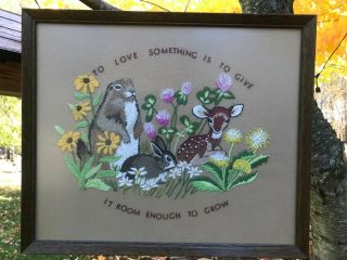 Vintage Woodland Animals Embroidery Needlepoint Framed Picture Handmade Nature