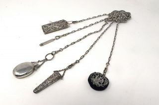 Sublime Antique Victorian Solid Silver Chatelaine With Pin Cushion Pencil Etc
