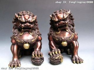 China Regius Palace Red Bronze Door Talisman Fu Foo Dog Evil Guardian Lion Pair