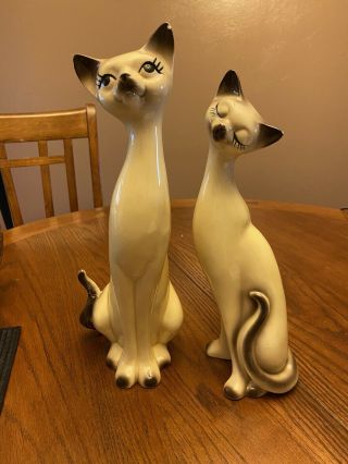 Vintage Tall Mid Century Ceramic Siamese Cat Statues Figurines Japan