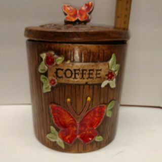 Vintage Treasure Craft Coffee Canister Wood Grain Orange Butterfly